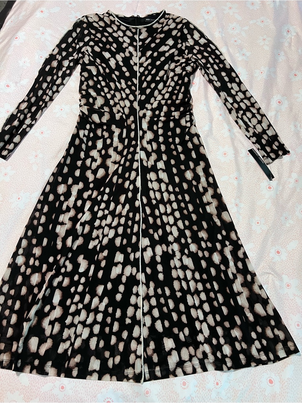 NWT Maggy London Black Peach Midi Dress Spot Print Long Sleeve Mesh Overlay 8